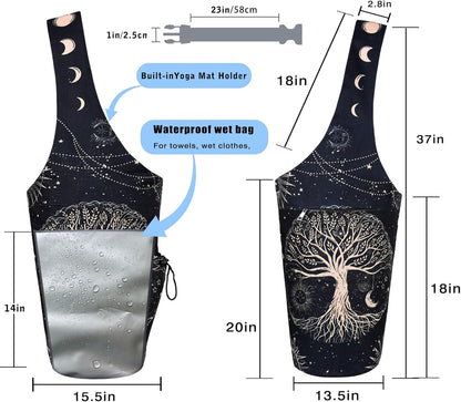 Yoga Mat Bag - Large Opening Long Tote Yoga Mat Carrier Holder Bag with Waterproof Wet Zipper Pocket and Drawstring Water Bottle Pocket - Yoga Bag Fit Most Size Mats
