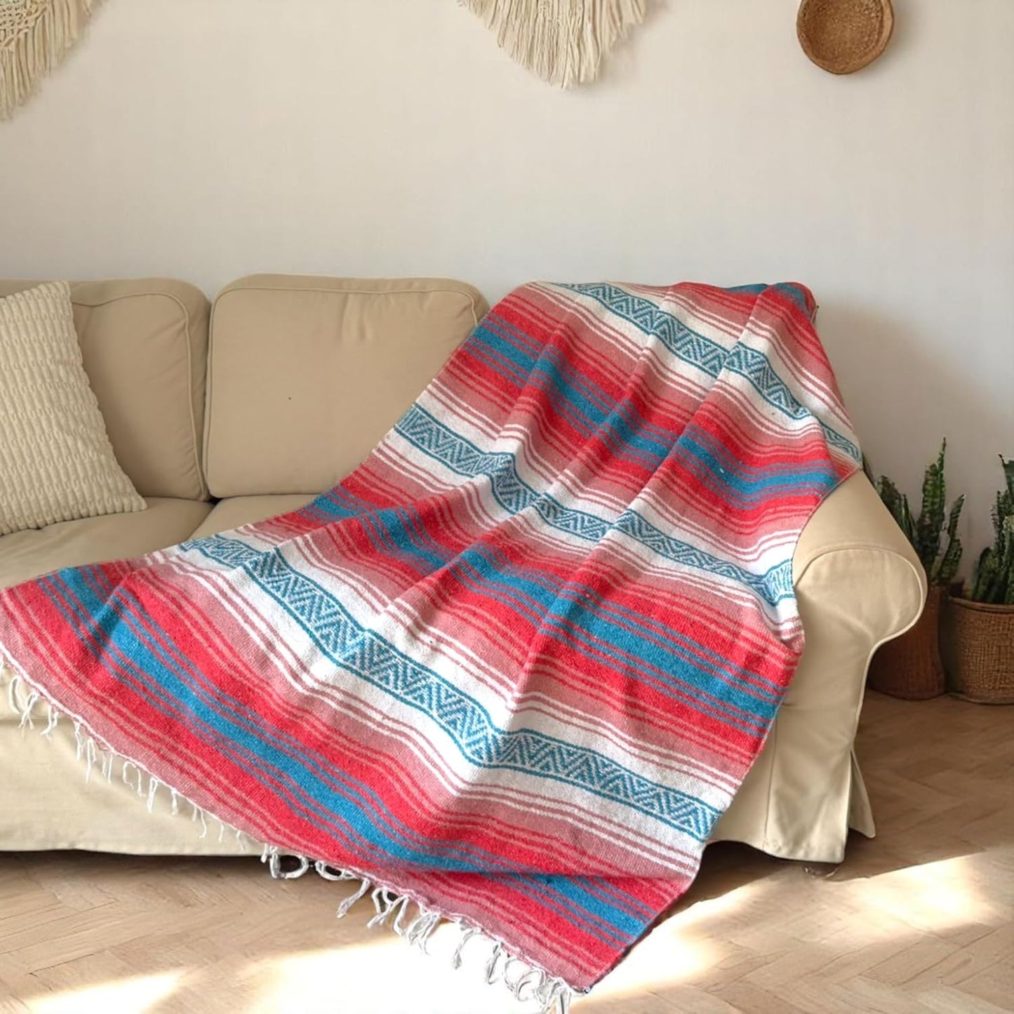 Authentic Handwoven Mexican Blanket, Falsa Serape - Soft & Durable - Vibrant Beach, Picnic, Yoga & Camping Mat - Traditional Boho Throw - Outdoor Blanket 70"x50" (Bubblegum)