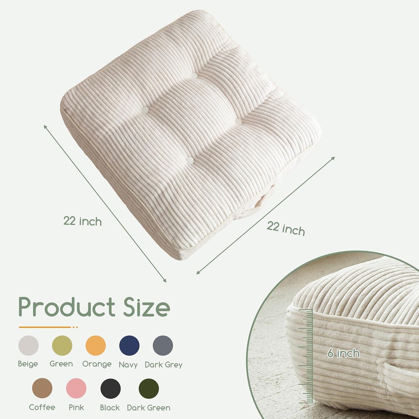 HIGOGOGO Floor Pillow Cushion for Adults, Meditation Cushion Pillow, Large Square Floor Sitting, Tufted Corduroy Cover, for Tatami Living Room or Yoga, 22x22 Inch, Dark Grey
