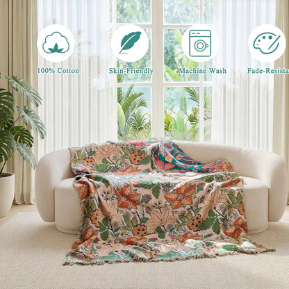 Boho Throw Blanket - 100% Cotton Soft Summer Throw Blanket for Bed, 50"x60" Reversible Breathable Lightweight Blankets, All Seasons Farmhouse Decor Floral Plant Butterfly Throw Quilt