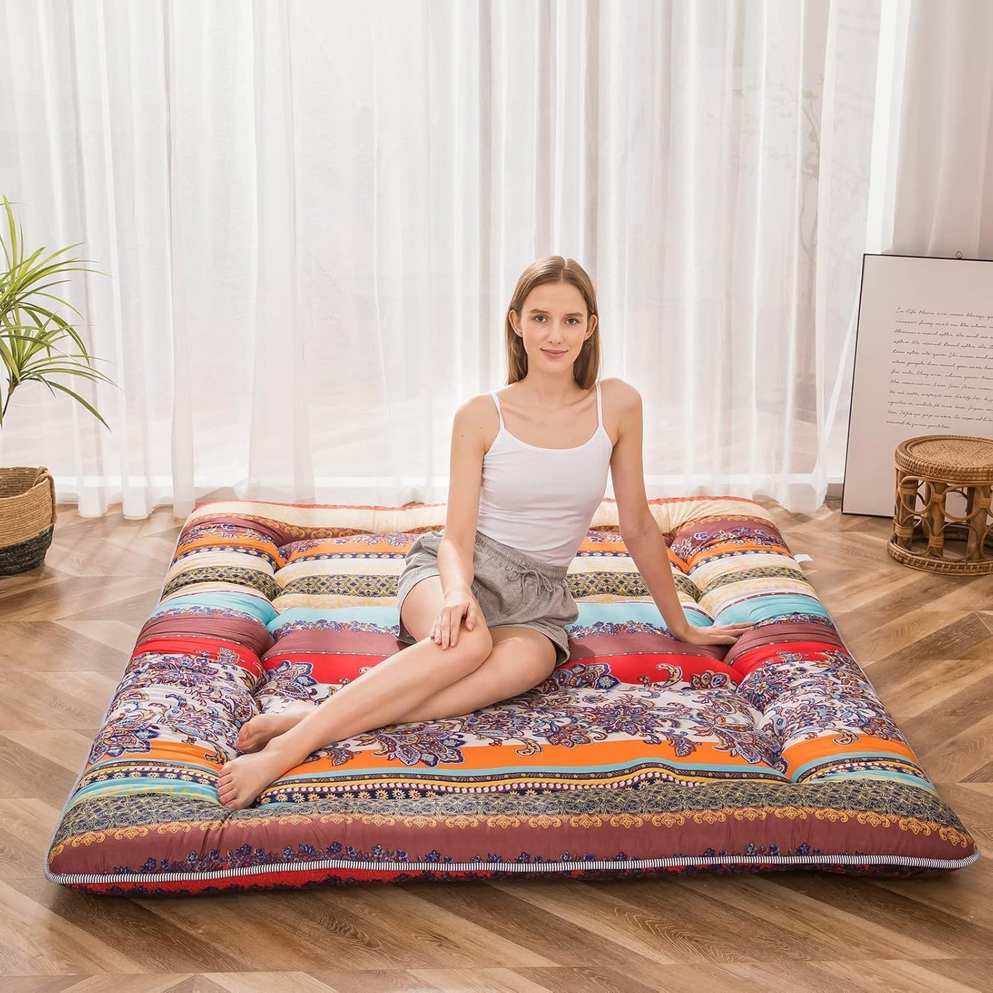 MAXYOYO Bohemian Retro Mattress Boho Floral Japanese Futon Mattress Tatami Floor Mat Foldable Portable Camping, Sleeping Pad, Lounger Couch Bed Full Size