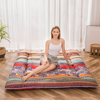 MAXYOYO Bohemian Retro Mattress Boho Floral Japanese Futon Mattress Tatami Floor Mat Foldable Portable Camping, Sleeping Pad, Lounger Couch Bed Full Size