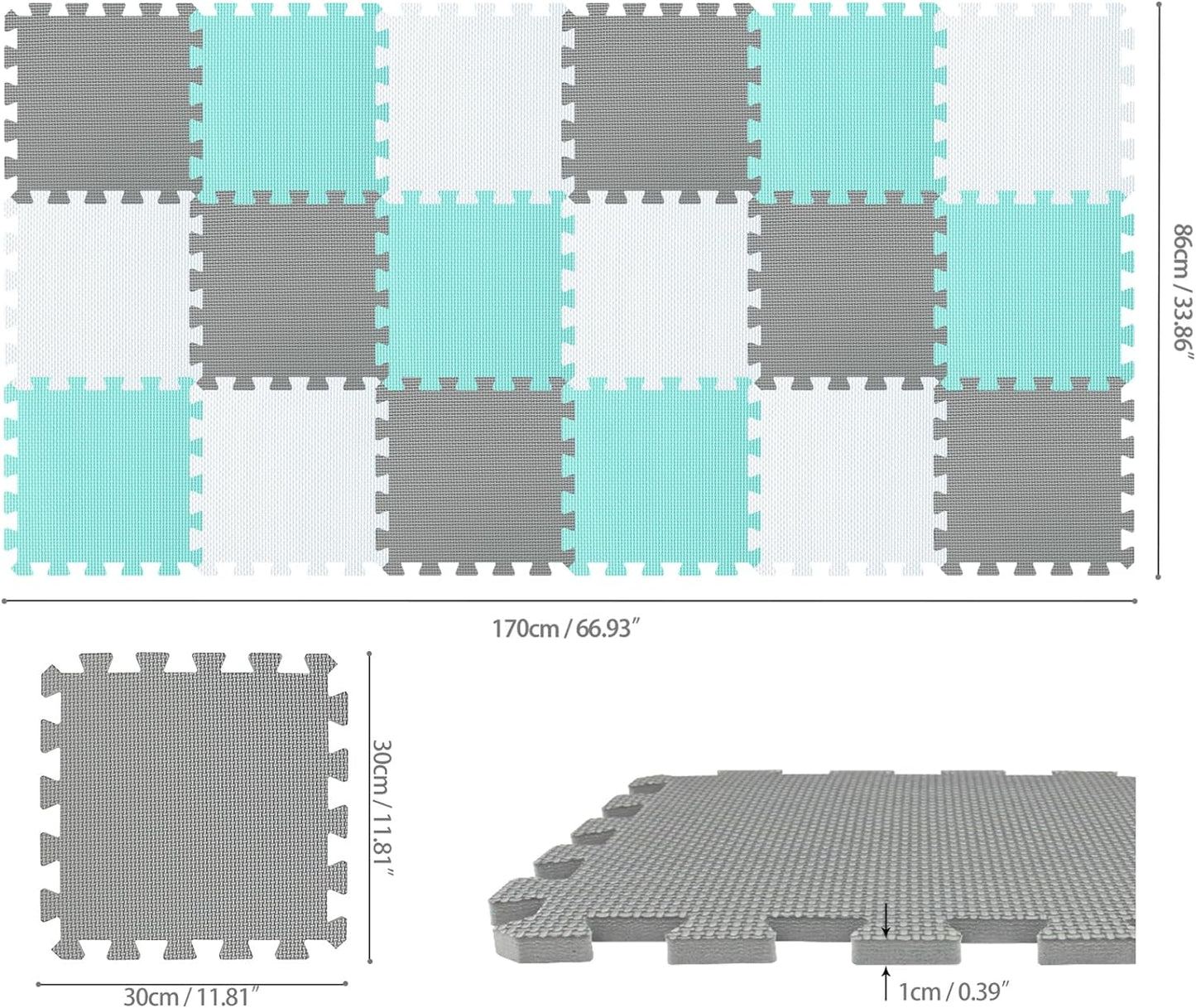 qqpp EVA Rubber 18 Tiles Interlocking Puzzle Foam Floor Mats - Baby Play Mat for Playing | Exercise Mat for Home Workout. White, Pink, Gray. QC-ACLb18N