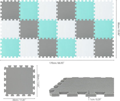 qqpp EVA Rubber 18 Tiles Interlocking Puzzle Foam Floor Mats - Baby Play Mat for Playing | Exercise Mat for Home Workout. White, Pink, Gray. QC-ACLb18N