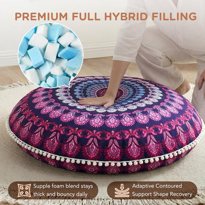 Codi Meditation Floor Pillow Set of 2, Round Large Pillows Seating for Adults, Bohemian Mandala Circle Cushion for Outdoor Fireplace Yoga Living Room, 32 Inch, Memory Foam Added, Purple Orchid NEW