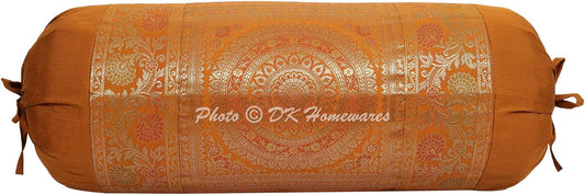 Indian Jacquard Brocade Silk Bolster Yoga Rectangle Pillow Cover Cylindrical Hotdog Brown Tube Masand Home Decor Living Room Mandala Traditional Throw Cushion Cover 76x38 cm - 1 Pc
