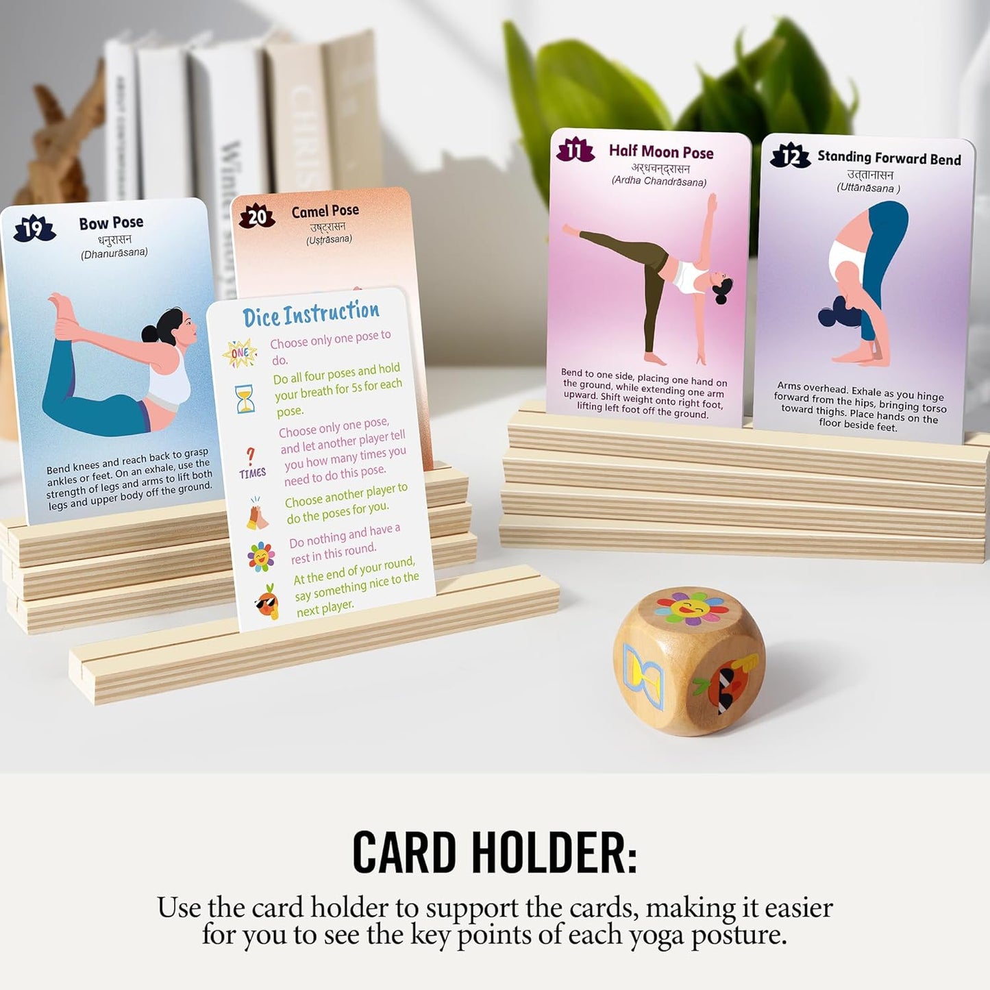 Homotte Yoga Cards and Wooden Yoga Dice Set for Beginners, Kids Yoga Accessories Pose Workout Kit with 4 Dice, 8 Card Holder, Gift for Women