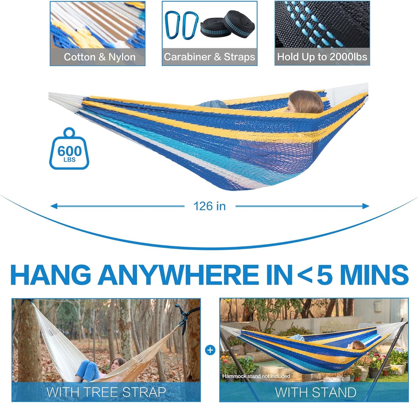 PNAEUT Handwoven Mayan Hammocks, Double Rope Hammock for Outdoor Outside & Indoor, Thick Soft 600 lbs Capacity Heavy-Duty, Includes Tree Straps, Carabiners & Carrying Bag (Nature, X-Large)