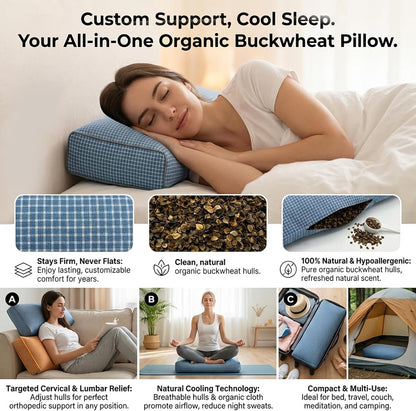 Adjustable Buckwheat Hull Pillow for Neck Pain Relief (21x8x4in) Natural Cooling Cervical Support Organic Pillow for Side & Back Sleepers with Night Sweats (Grey)