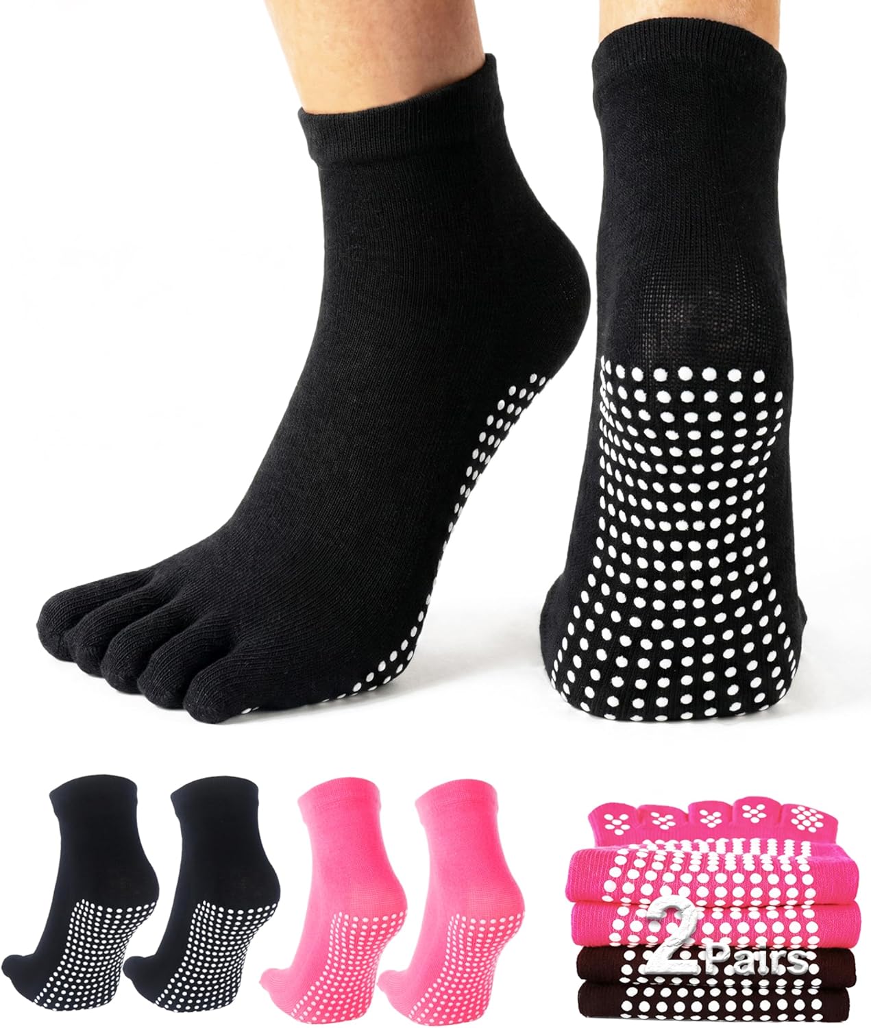 1/2 Pairs Grippy Socks Woman Pilates Grip Socks Non Slip Full Toe Barre Ballet Non Skid Yoga Socks One Size 5.5-9