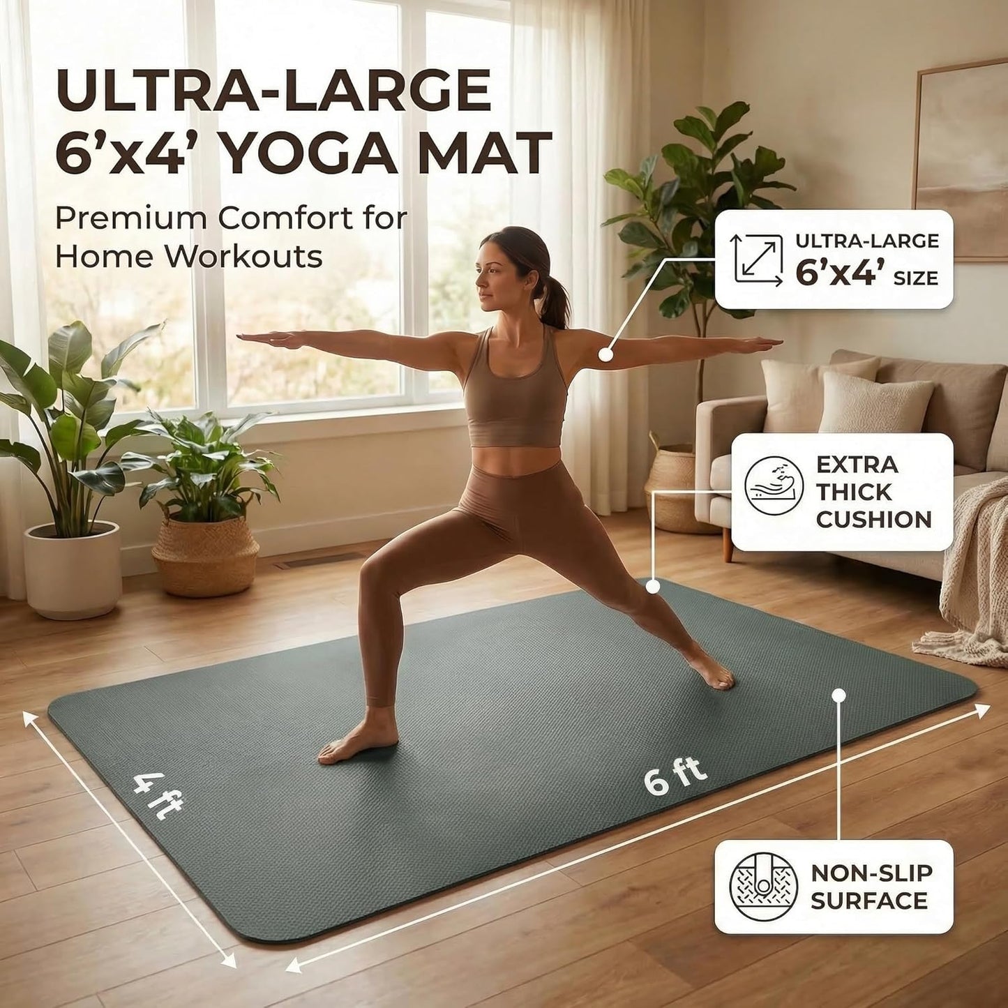 FrenzyBird Large Yoga Mat 6'x 4'（72”x 48”）—1/4" &1/3" Extra Wide Exercise Mat 183cm x 122cm Large Exercise Mat Big Home Yoga Mat Pilates Mat,Non Slip,Thick,TPE Workout Mat,for Women & Men, Yoga, Pilates, Gym and Floor Workouts Pilates