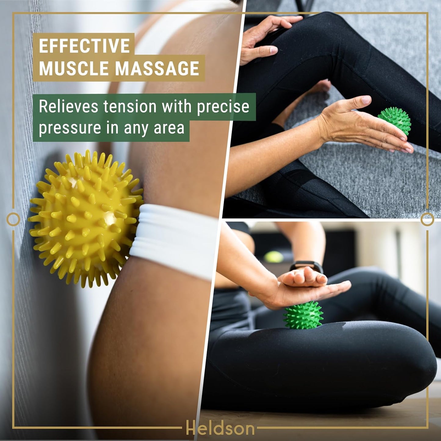 HELDSON® 3 Spiky Massage Balls Set [Soft, Medium, Hard] - Foot Roller Massager Spikes - Spike Trigger Point Ball for Back Pain Relief & Feet - Plantar Fasciitis Deep Tissue Therapy - Spikey Pressure