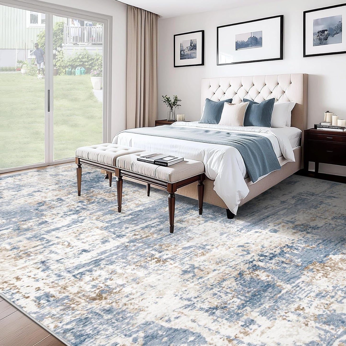 XLUEZ 8x10 Area Rugs for Living Room, Washable Modern Abstract Large Area Rug Neutral Soft Non Slip Kids Rug Stain Resistant Indoor Carpet for Bedroom Nursery Dining Children's Room(Blue, 8'x10')
