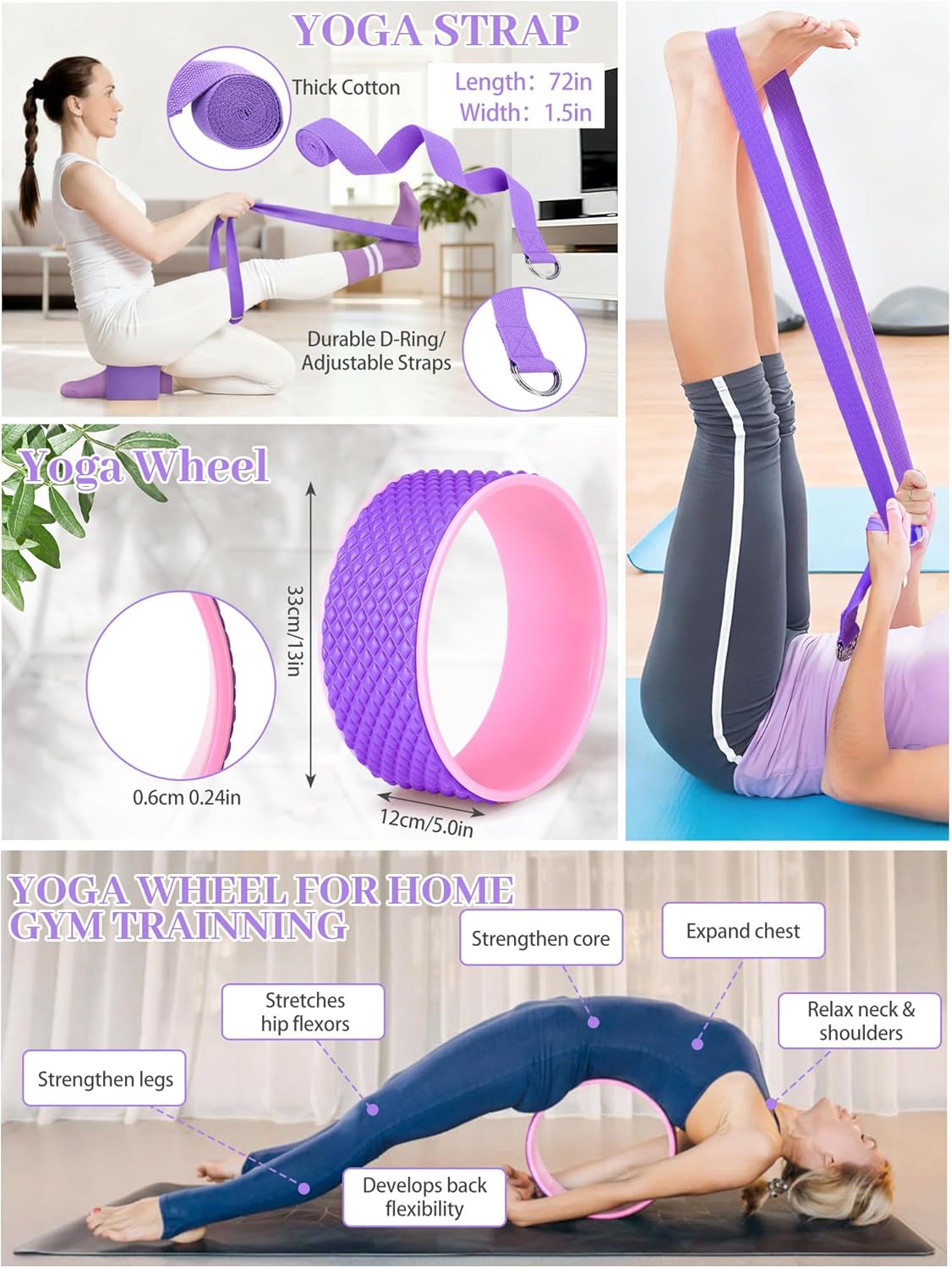 Gemscream 17 Pcs Yoga Essential Kit for Women, Pilates Equipment Starter Set for Beginners with Yoga Wheel Ball Blocks Strap Resistance Bands Wrist Rings Socks Towel & Carry Bag for Home Workouts