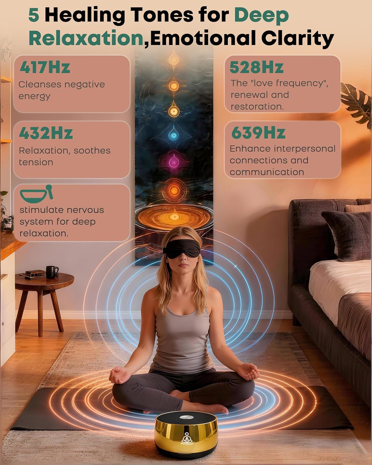 Sound Frequency Machine,Meditation Generator Instrument,Tone Device Tools - Solfeggio Frequencies Bath for Yoga, Mindfulness, Vibration System of Chakra Balancing, 5 Tones, 3 Timers