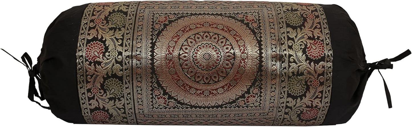 Ethnic Jacquard Brocade Silk Bolster Yoga Rectangular Pillowcase Cover Cylindrical Hotdog Black Tubular Living Room Decorative Mandala Indian Throw Pillowcase 76x38 cm - Set of 2 Pcs