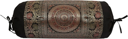 Ethnic Jacquard Brocade Silk Bolster Yoga Rectangular Pillowcase Cover Cylindrical Hotdog Black Tubular Living Room Decorative Mandala Indian Throw Pillowcase 76x38 cm - Set of 2 Pcs
