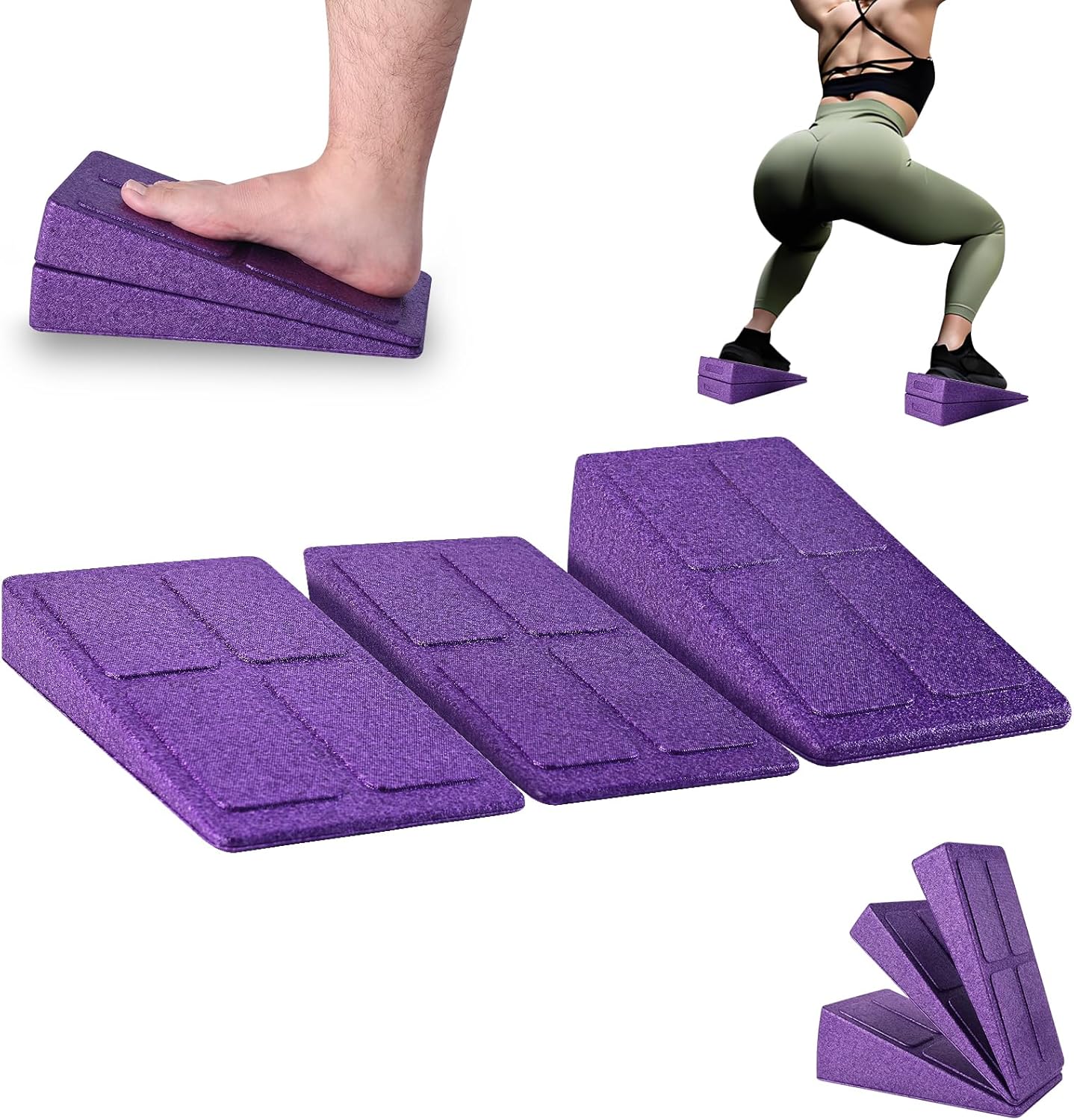 Slant Board Squat Wedge for Calf Stretching，3 Pcs 12" x 6.3" Foot Stretcher Balance Board for Plantar Fasciitis, Adjustable Foam Slant Board Wedge Great for Exercises