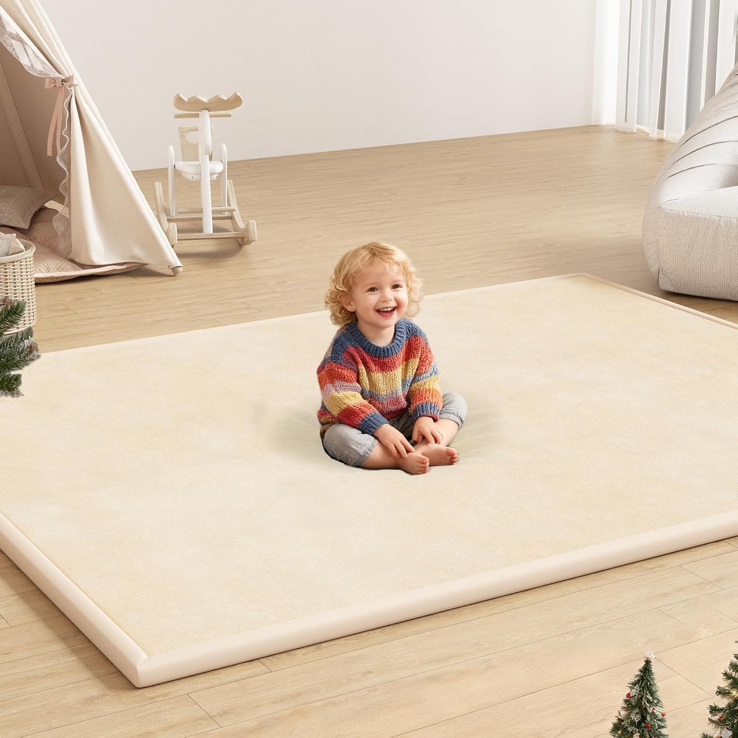 Baby Play Mat for Floor, 1.3'' Thick Memory Foam Tummy Time Mat - Super Soft Coral Velvet Nursery Rug with Non-Slip Backing, Crawling Rug for Toddlers/Infants, Yoga & Tatami Use, Oatmeal, 79''x 118''