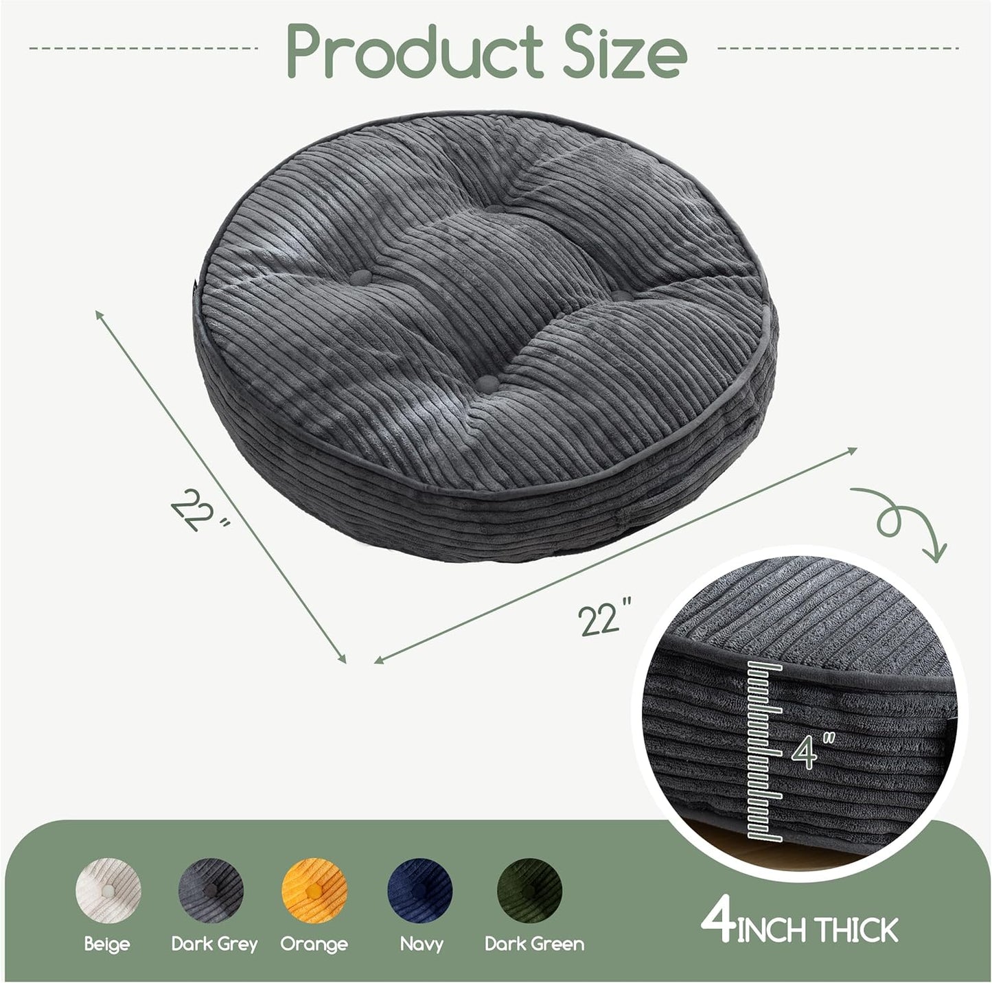 HIGOGOGO Floor Pillow Cushion for Adults, Meditation Cushion Pillow, Large Square Floor Sitting, Tufted Corduroy Cover, for Tatami Living Room or Yoga, 22x22 Inch, Dark Grey