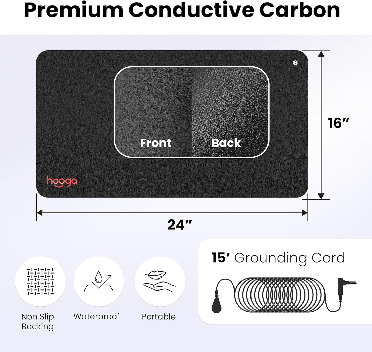 hooga Grounding Mat for Feet, Desk & Floor | Sleep, Stress Relief & Muscle Relaxation | 24"x16" Conductive Carbon Pad | 15 Ft Cord | Non-Slip Rubber Backing | Indoor Grounding Mat