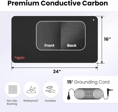 hooga Grounding Mat for Feet, Desk & Floor | Sleep, Stress Relief & Muscle Relaxation | 24"x16" Conductive Carbon Pad | 15 Ft Cord | Non-Slip Rubber Backing | Indoor Grounding Mat
