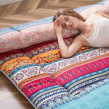 MAXYOYO Bohemian Retro Mattress Boho Floral Japanese Futon Mattress Tatami Floor Mat Foldable Portable Camping, Sleeping Pad, Lounger Couch Bed Full Size
