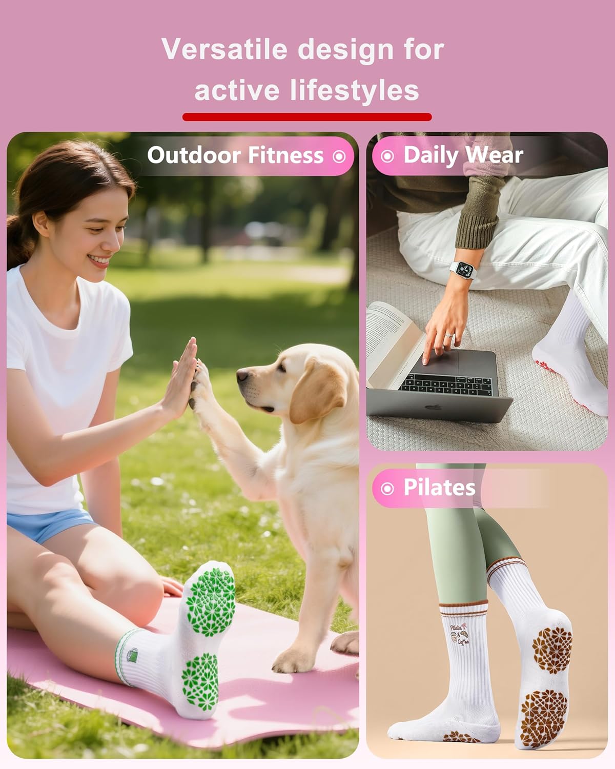 Pilates Grip Socks for Women - Embroidery Athletic Crew, Non-Skid Sticky Soles for Yoga, Barre, Workout & Hospital