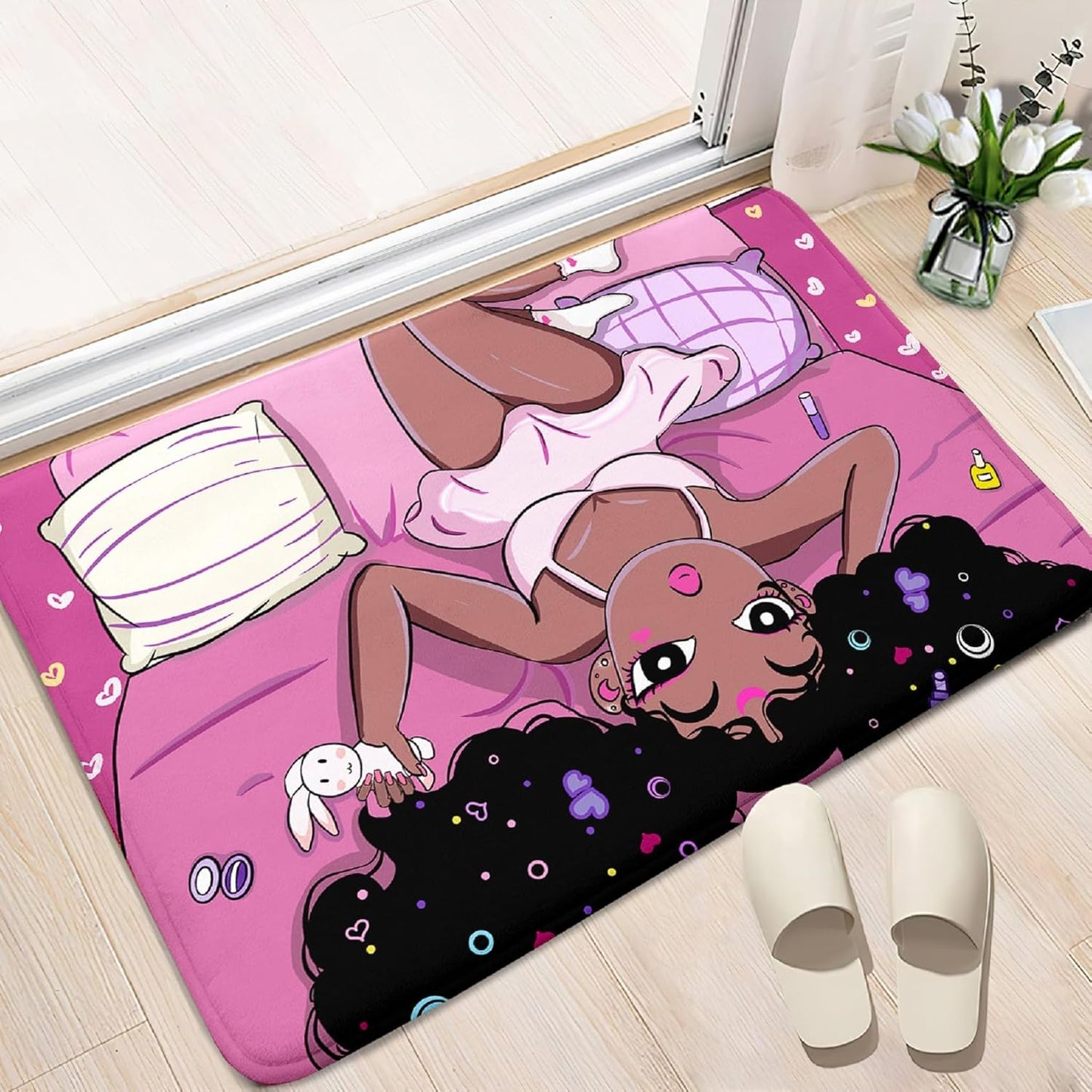 Black Girl Area Rug for Bedroom African American Rugs for Room Princess Carpet Kids Rugs for Bedroom African Girls Carpet for Living Room Teen Girls Yoga Mats, Pink, 4'×5'