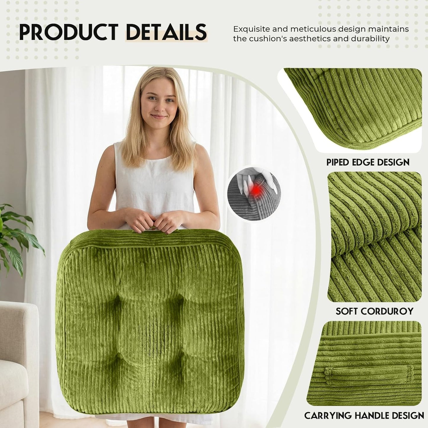 11" Thick Washable Floor Pillow for Adults, Yoga & Meditation Cushion with Handle, Square Large Pillows Seating with Removable Tufted Corduroy Cover for Tatami Living Room Board Games, Blind Shape