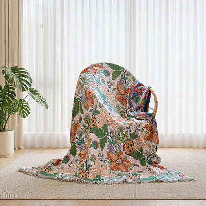 Boho Throw Blanket - 100% Cotton Soft Summer Throw Blanket for Bed, 50"x60" Reversible Breathable Lightweight Blankets, All Seasons Farmhouse Decor Floral Plant Butterfly Throw Quilt