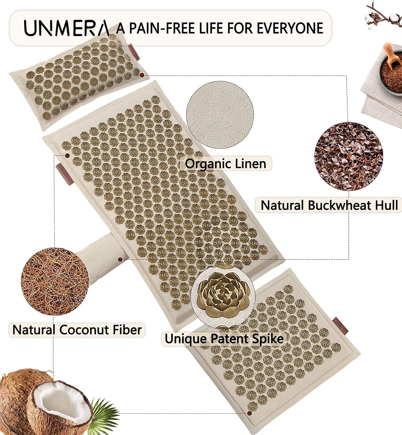 UNMERA Acupressure Mat and Pillow Set,Natural Eco Linen & Coconut Fiber Filling,for Back/Neck Pain Relief, Sciatic, Headache and Muscle Relaxation, Comes with Carrying Bag