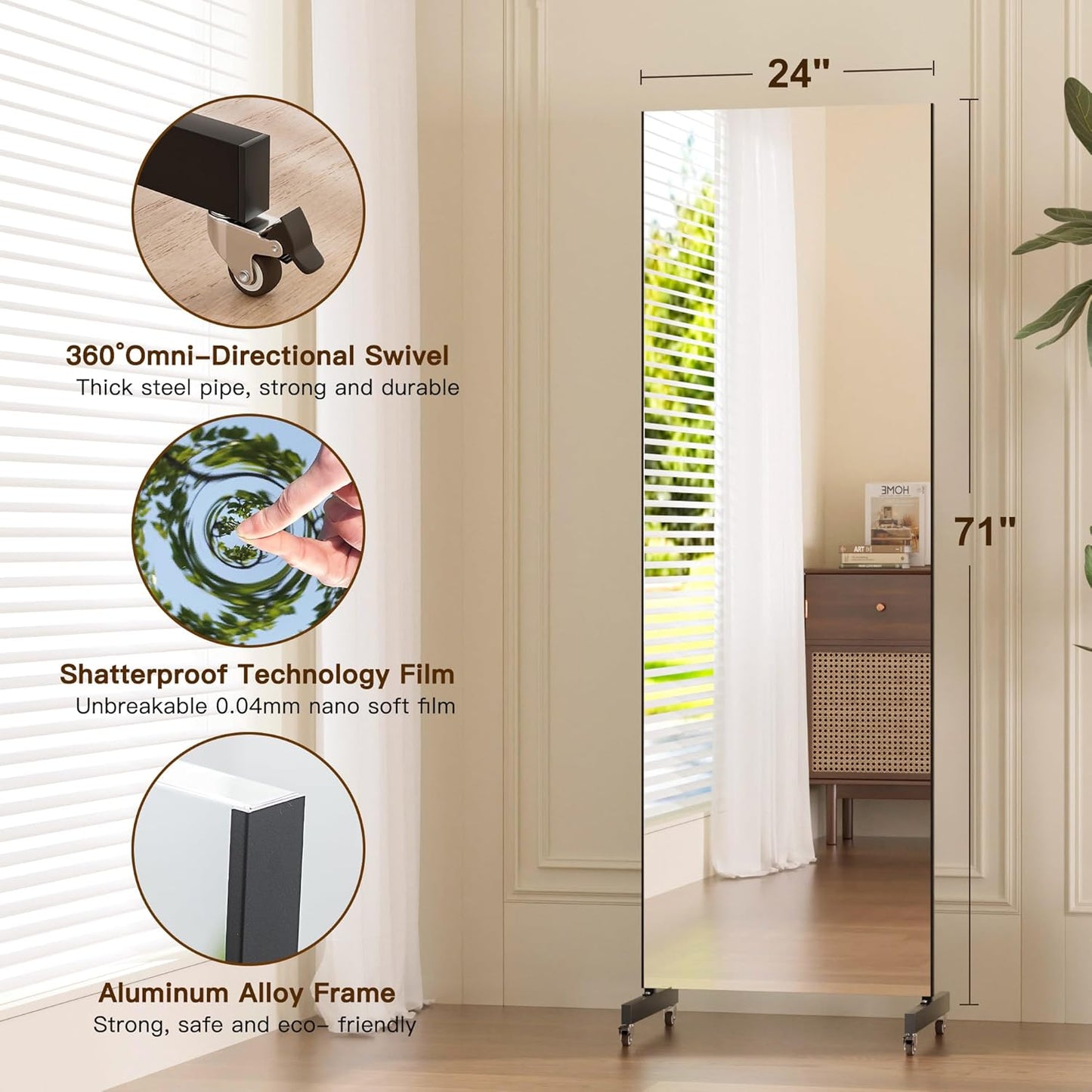brisafe NanoMirror Non-Glass Ultra-Light Home Gym on Wheels, 75" x 32" Extra Large Full Body Mirror, Unbreakable & Shatterproof, 360° Swivel for Yoga, Dance, Fitness Studio & Home, Black