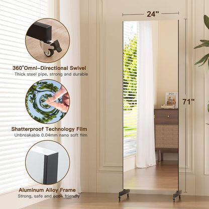brisafe NanoMirror Non-Glass Ultra-Light Home Gym on Wheels, 75" x 32" Extra Large Full Body Mirror, Unbreakable & Shatterproof, 360° Swivel for Yoga, Dance, Fitness Studio & Home, Black