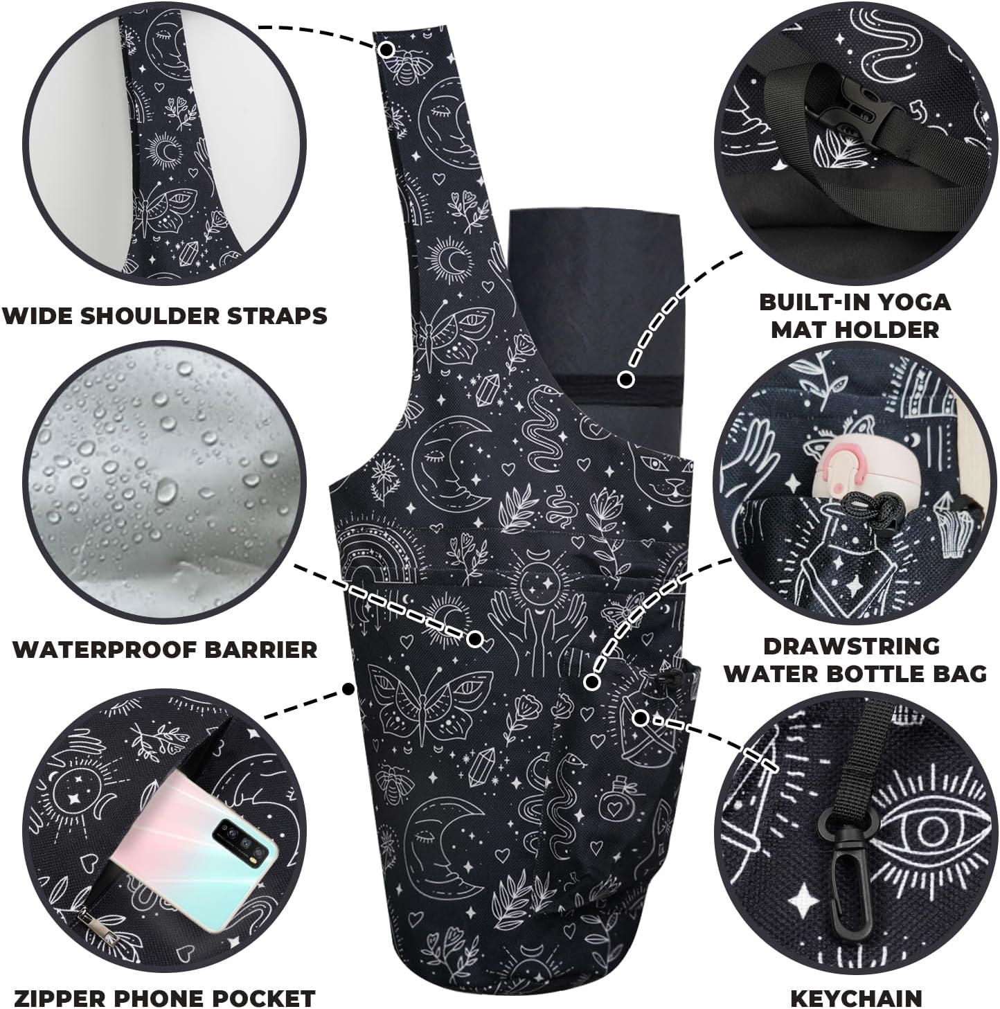 Yoga Mat Bag Carrier for Women Workout Large Waterproof with Zipper Pocket, Keychain and Wide Shoulder Straps