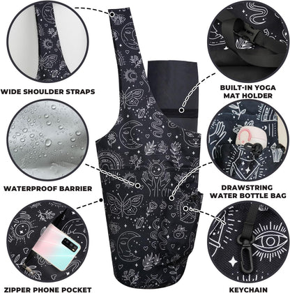 Yoga Mat Bag Carrier for Women Workout Large Waterproof with Zipper Pocket, Keychain and Wide Shoulder Straps
