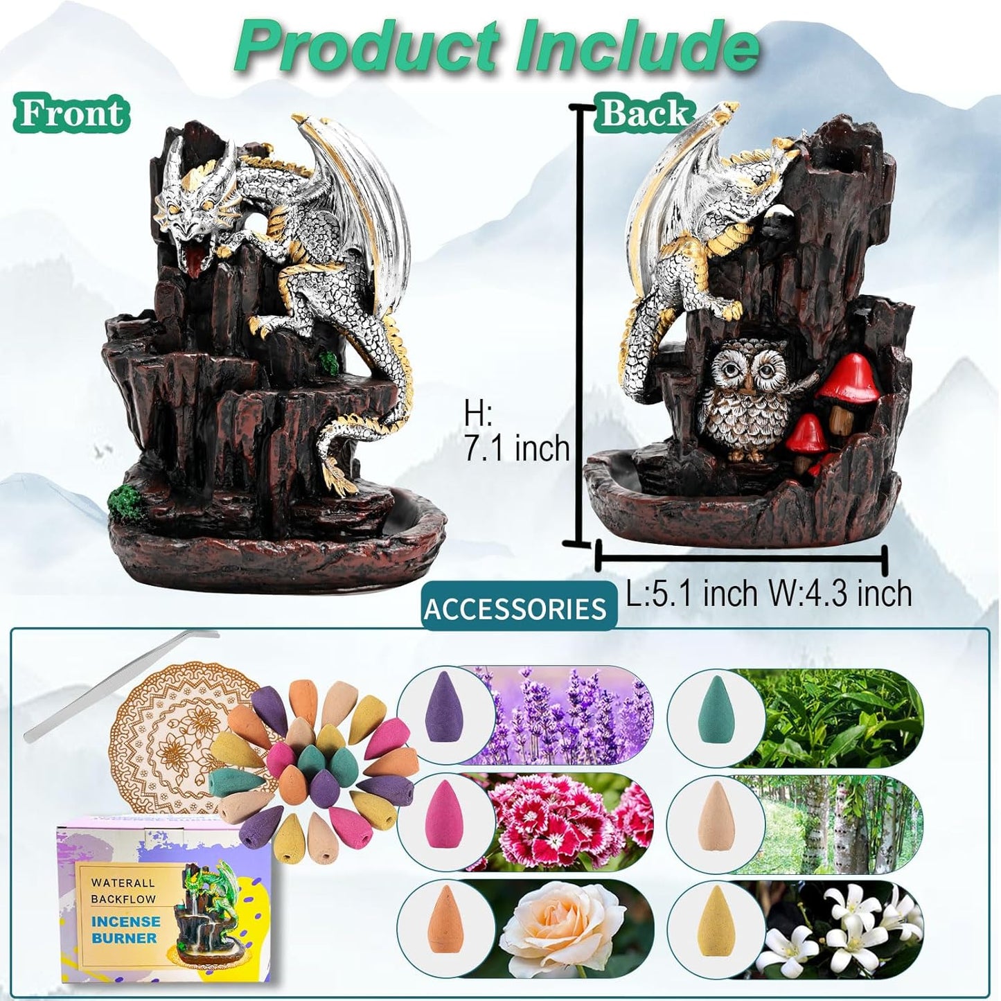 Dragon Backflow 2 Sided Mountain Waterfall Incense Burner,Fountain Smoke Incense Holder with Backflow Incense Cones, Tweezers, Mat，Resin Aromatherapy Meditation (Green)