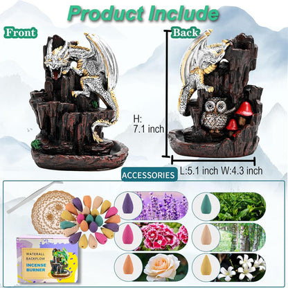 Dragon Backflow 2 Sided Mountain Waterfall Incense Burner,Fountain Smoke Incense Holder with Backflow Incense Cones, Tweezers, Mat，Resin Aromatherapy Meditation (Green)