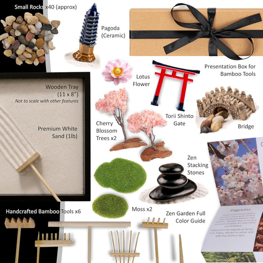 Island Falls Home Zen Garden Kit 11x8in. Beautiful Japanese Decor Mini Rock Feature Gift Set for Home, Office Desk. Zen Sand Garden, 6 Tools, 15 Accessories. Sand Tray Therapy Desktop Meditation Room