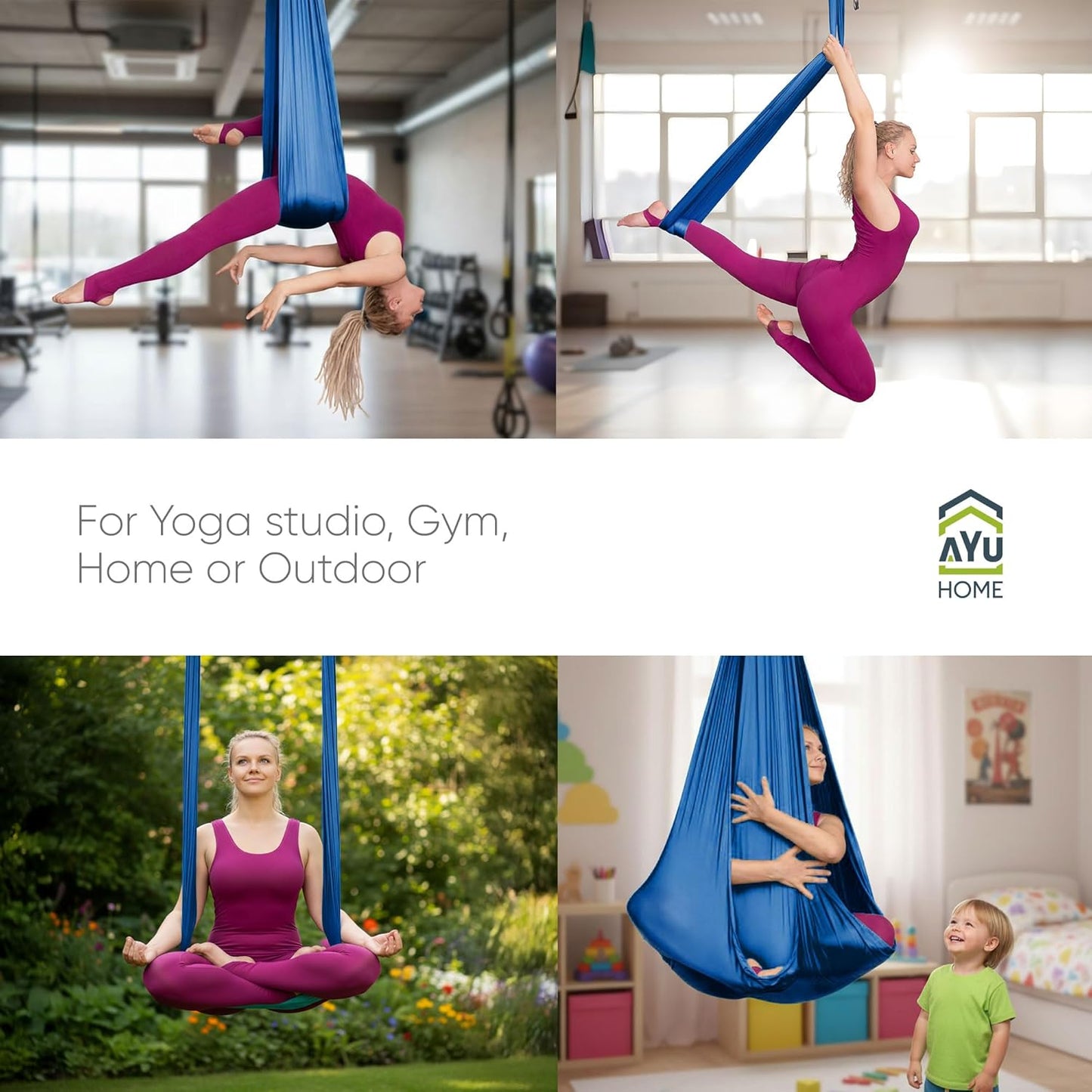 AyuHome Aerial Silks Kit for Home - Premium Yoga Swing for Kids and Adults with 660 lbs Capacity - Versatile Aerial Yoga Hammock for Gymnastics Training