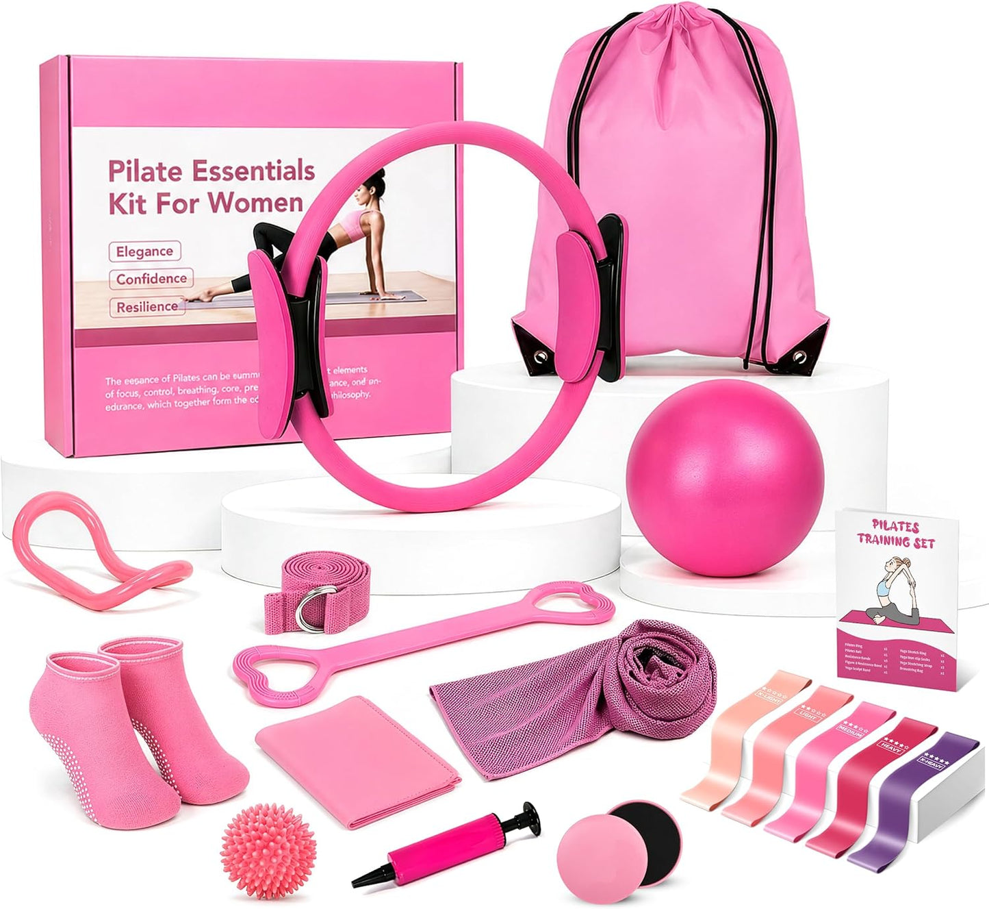 Pilates Kit for Women 17PCS, Home Pilates Workout Equipment Set with 14” Pilates Ring and Ball, Resistance Bands, Stretch Strap, Yoga Ring, Full Body Fitness Kit for Home Gym