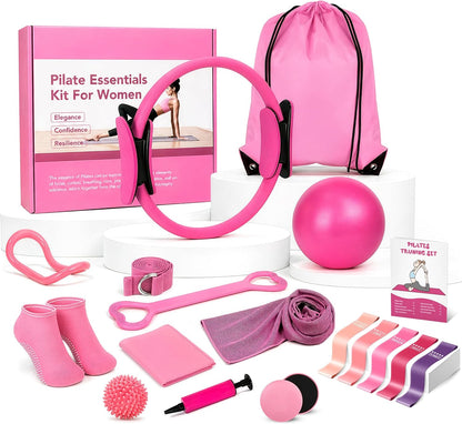 Pilates Kit for Women 17PCS, Home Pilates Workout Equipment Set with 14” Pilates Ring and Ball, Resistance Bands, Stretch Strap, Yoga Ring, Full Body Fitness Kit for Home Gym