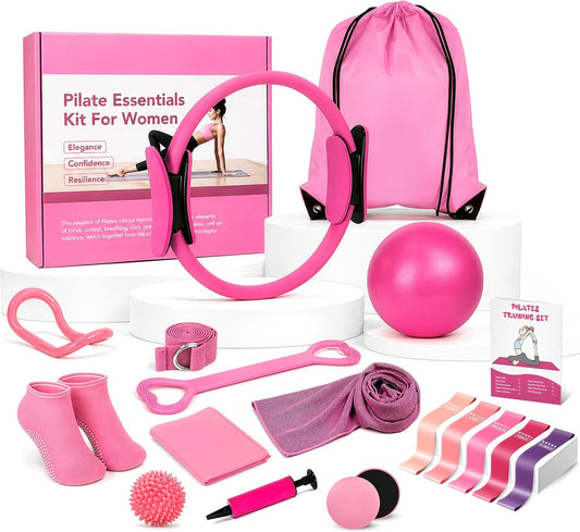 Pilates Kit for Women 17PCS, Home Pilates Workout Equipment Set with 14” Pilates Ring and Ball, Resistance Bands, Stretch Strap, Yoga Ring, Full Body Fitness Kit for Home Gym