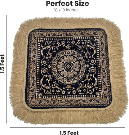 Soft Chenille Prayer Mat | Traditional Mandala Floral Pooja Aasan with Golden Fringes | Multipurpose Square Rug for Meditation, Yoga, Puja Room & Home (Red, 2x2 Feet)