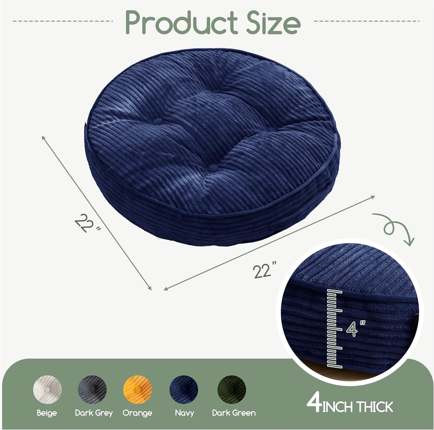 HIGOGOGO Floor Pillow Cushion for Adults, Meditation Cushion Pillow, Large Square Floor Sitting, Tufted Corduroy Cover, for Tatami Living Room or Yoga, 22x22 Inch, Dark Grey