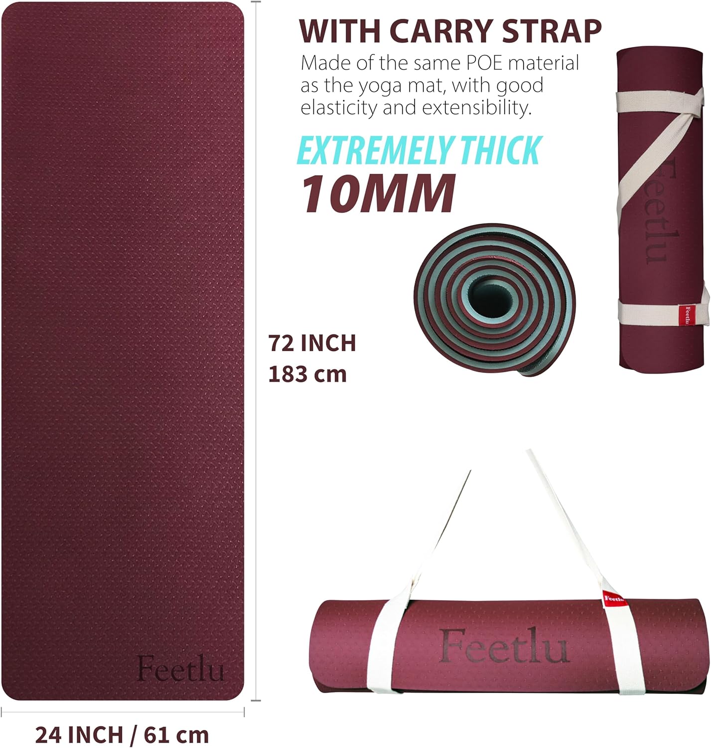 Extra Thick Exercise Yoga Mat with Strap - 2/5 Inch (10MM), Non-Slip Workout Mat for Yoga, Pilates, and Floor Exercises