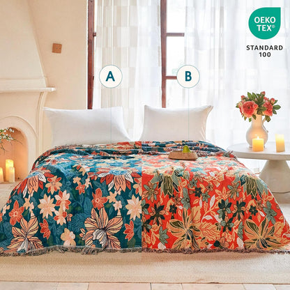 Boho Throw Blanket - 100% Cotton Soft Summer Throw Blanket for Bed, 50"x60" Reversible Breathable Lightweight Blankets, All Seasons Farmhouse Decor Floral Plant Butterfly Throw Quilt