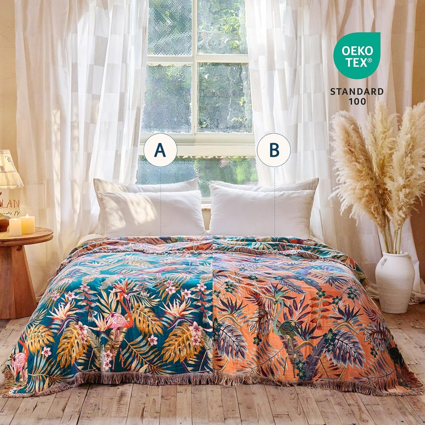 Boho Throw Blanket - 100% Cotton Soft Summer Throw Blanket for Bed, 50"x60" Reversible Breathable Lightweight Blankets, All Seasons Farmhouse Decor Floral Plant Butterfly Throw Quilt