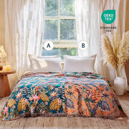Boho Throw Blanket - 100% Cotton Soft Summer Throw Blanket for Bed, 50"x60" Reversible Breathable Lightweight Blankets, All Seasons Farmhouse Decor Floral Plant Butterfly Throw Quilt