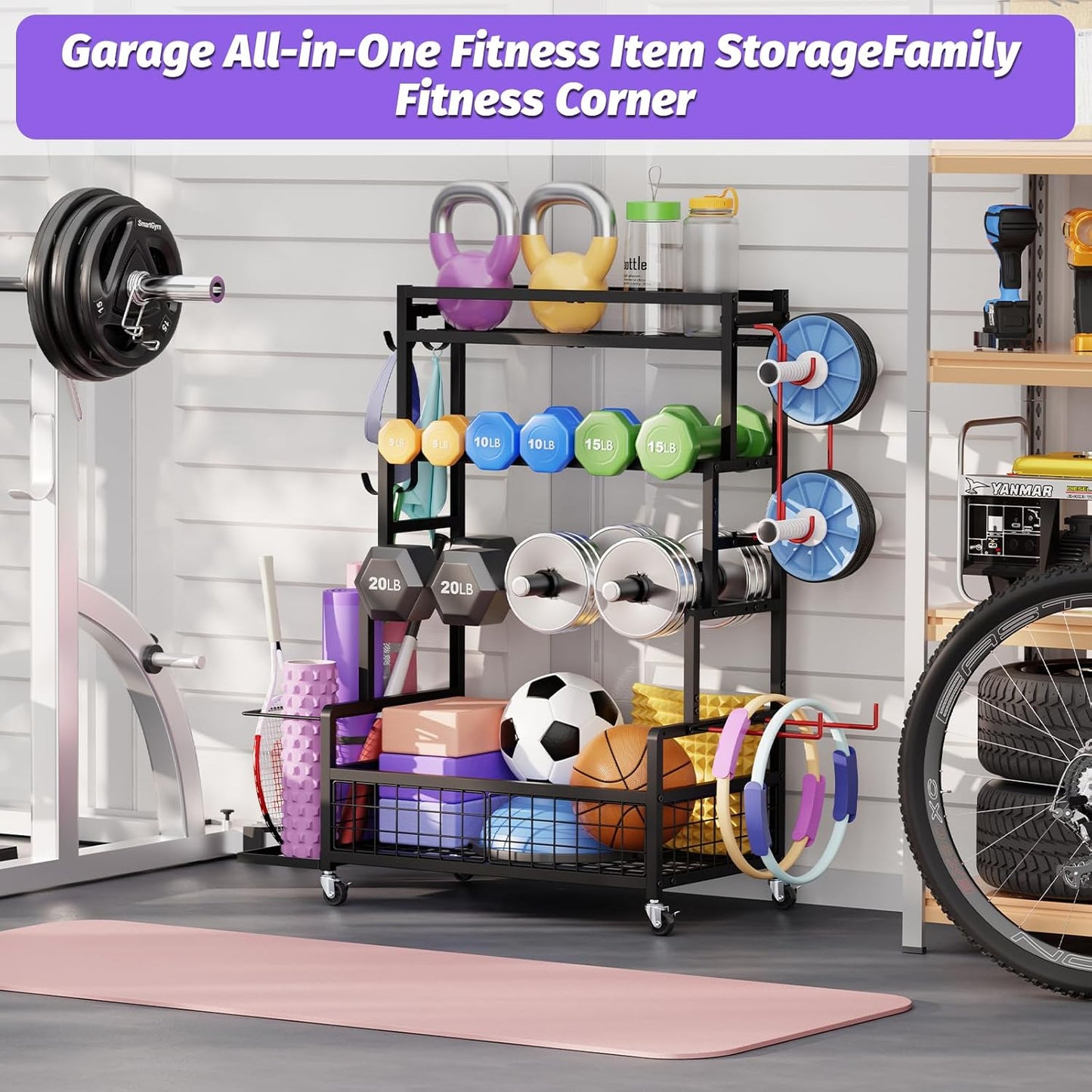 Dumbbell Rack,Home Gym Storage Rack,Total Weight Capacity 490 lbs,Weight Rack with Wheels/Strength Training Equipment Storage Rack with Hooks,Stores Dumbbells,Kettlebells,Yoga Mats